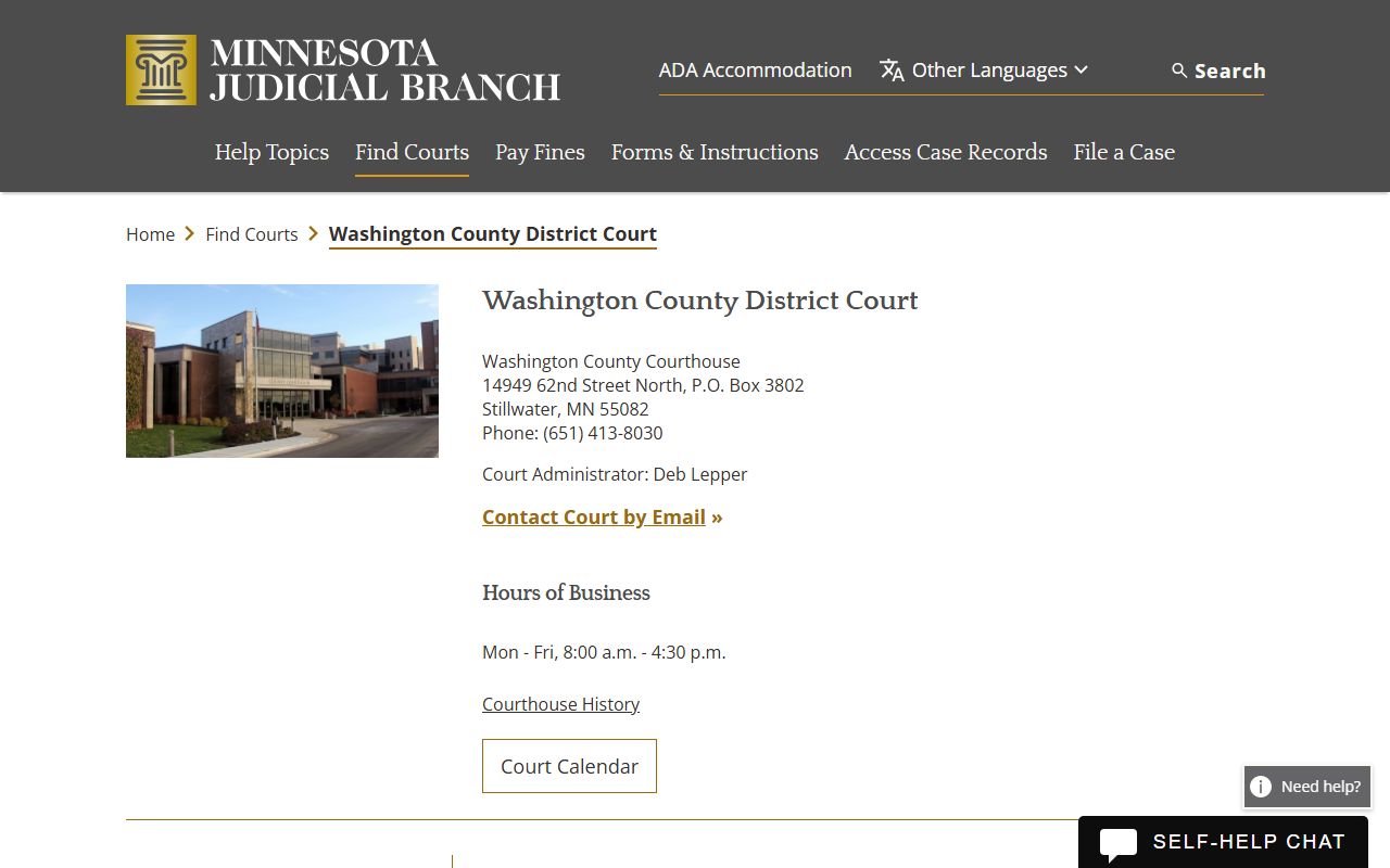Washington County court docket records - district court directory page
