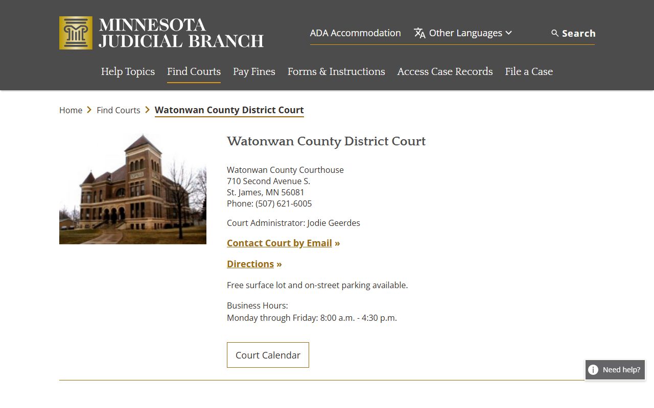 Watonwan County court docket records - district court directory page
