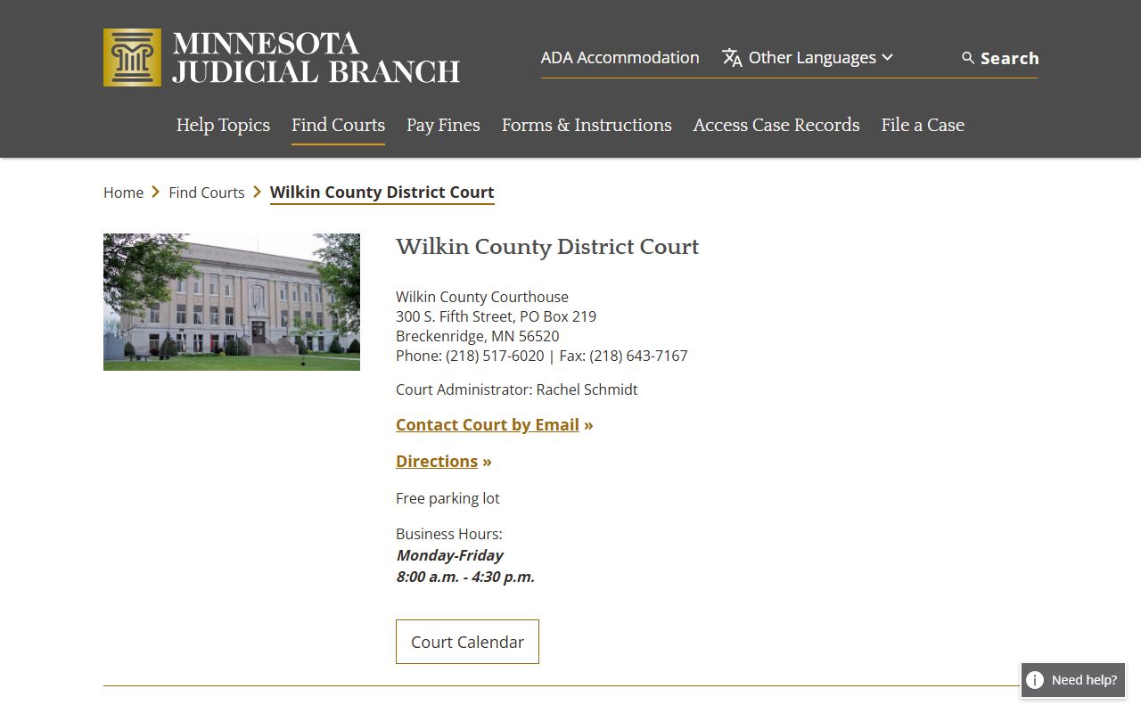 Wilkin County court docket records - district court directory page