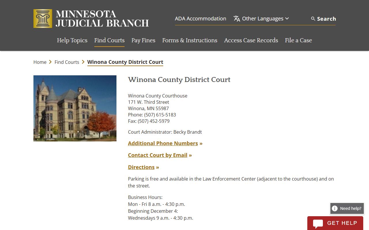 Winona County court docket records - district court directory page
