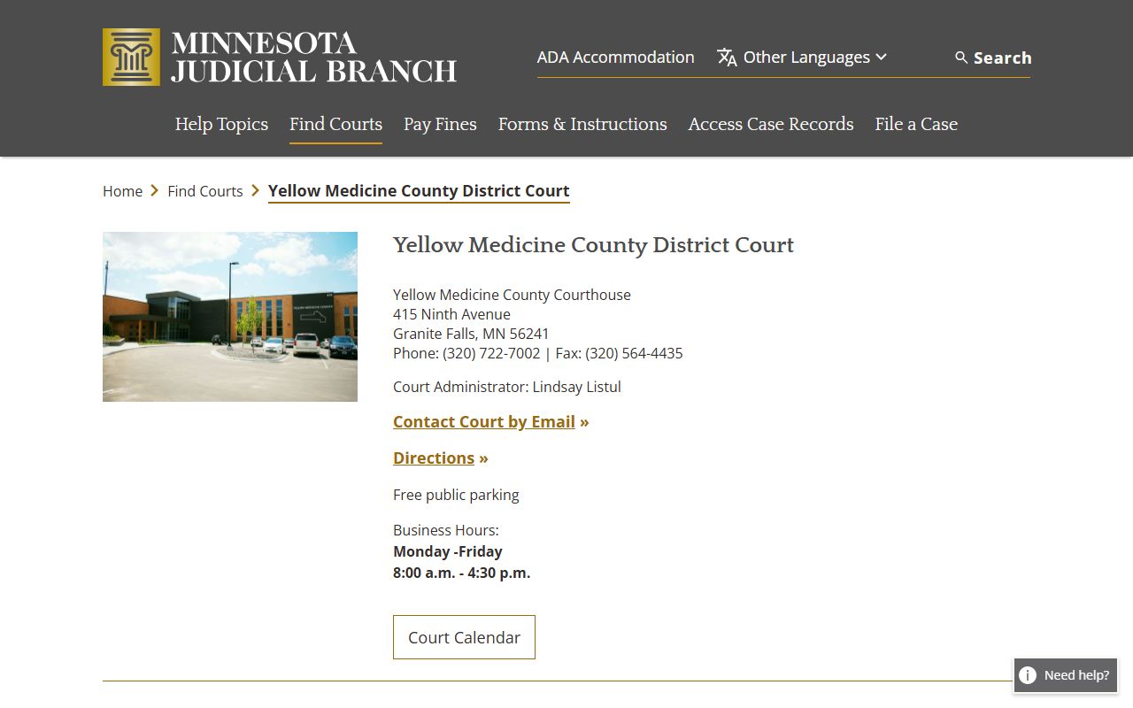 Yellow Medicine County court docket records - district court directory page
