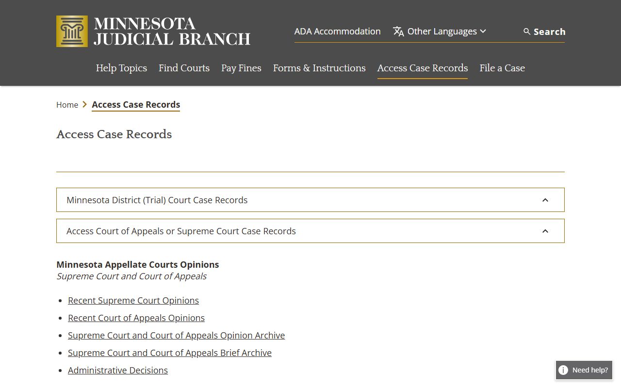 Minnesota Judicial Branch access case records page for searching court docket records