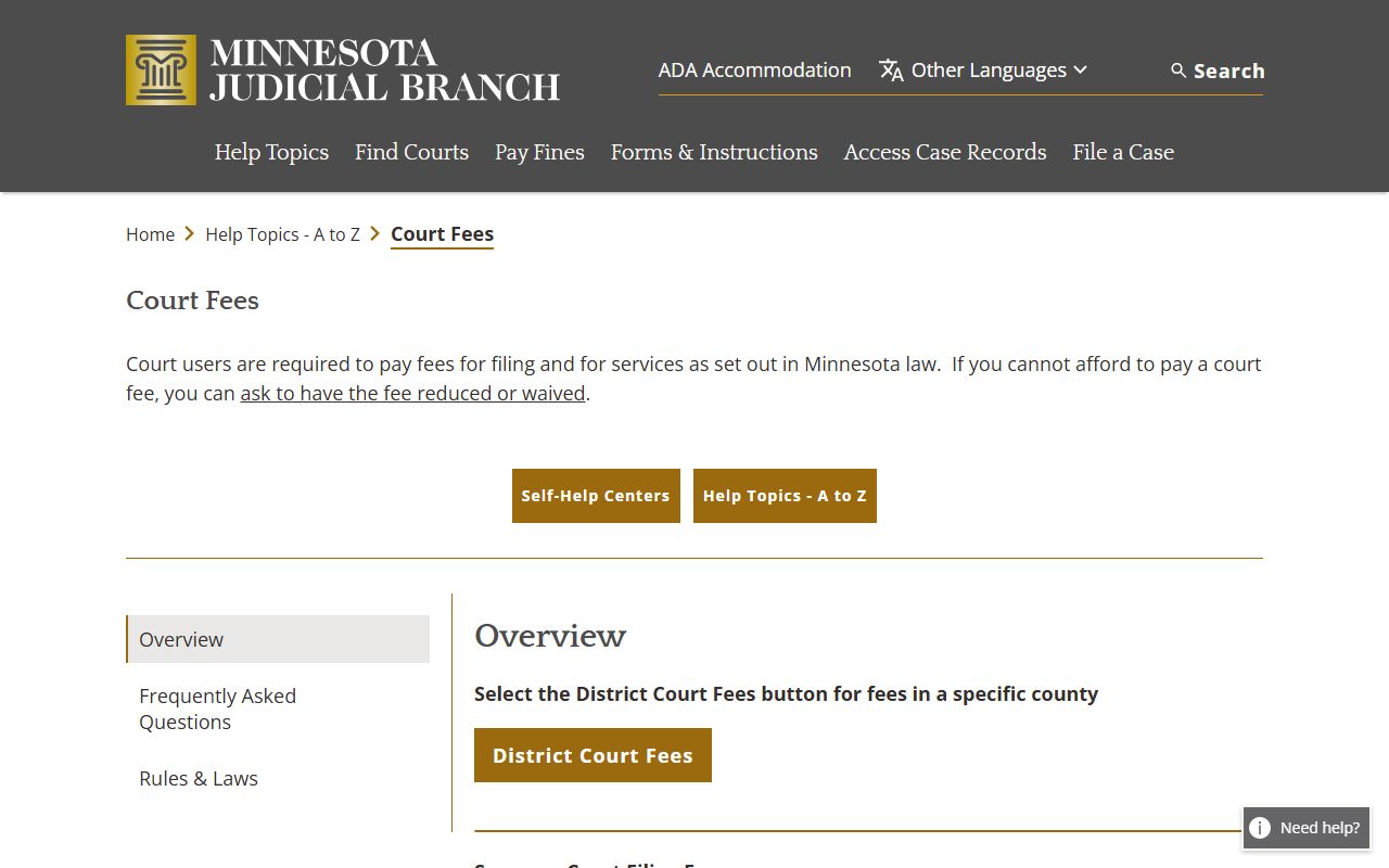 Minnesota court fees information for court docket copy requests