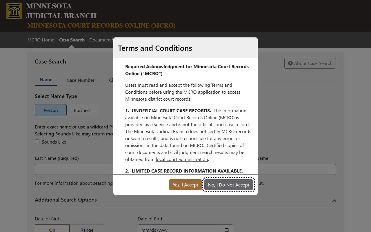 MCRO Case Search tool for Minnesota court docket records