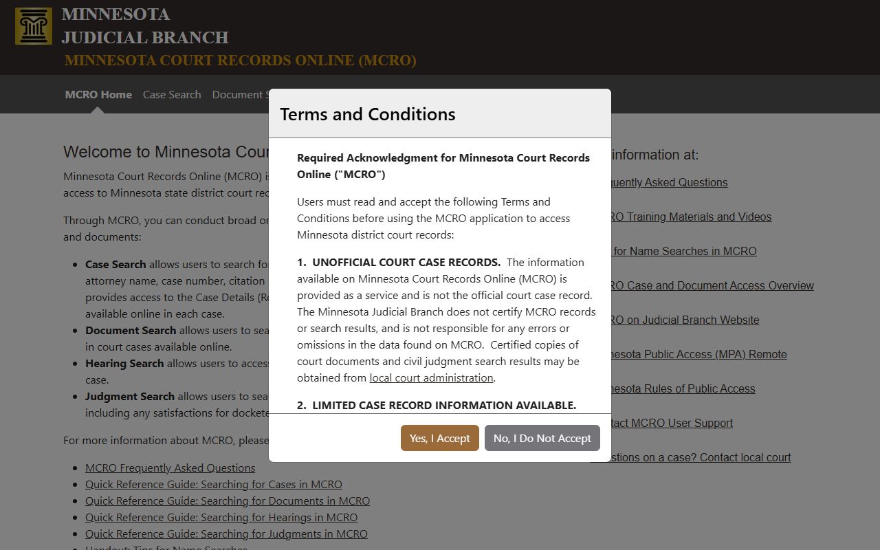 MCRO direct portal for Minnesota court docket searches