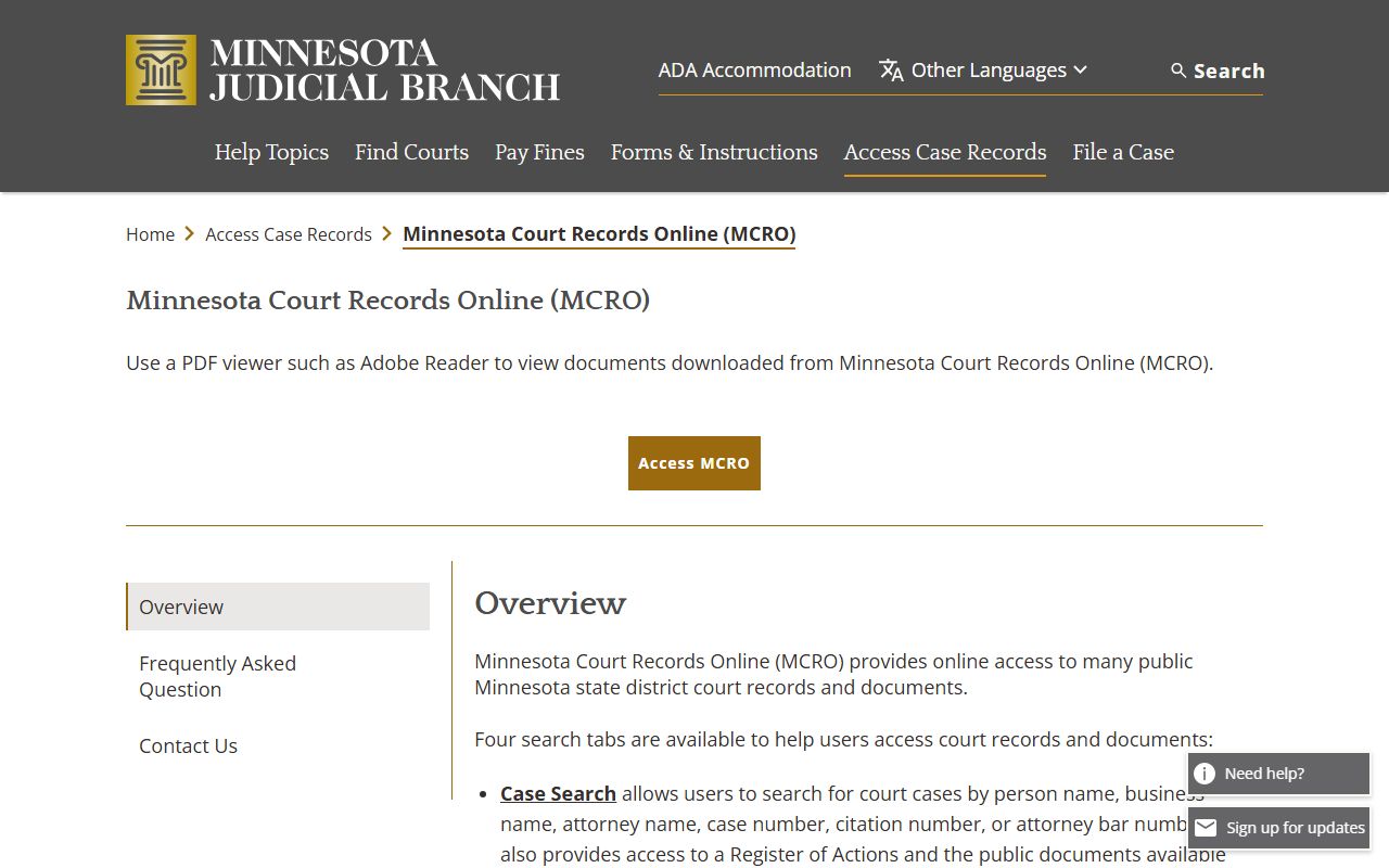 Minnesota MCRO information page for court docket access