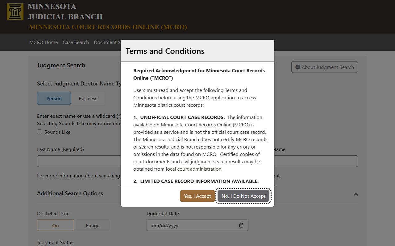 MCRO Judgment Search for Minnesota court docket money judgments