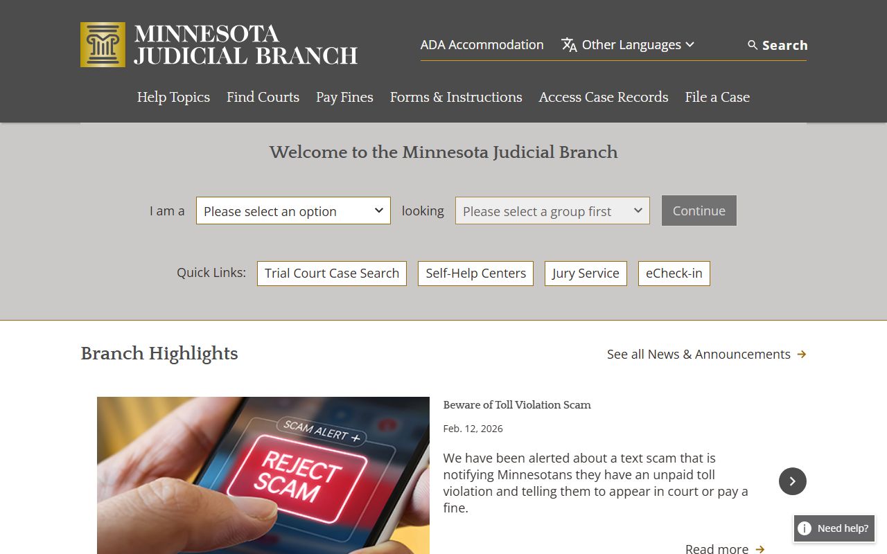 Minnesota Judicial Branch homepage for court docket records
