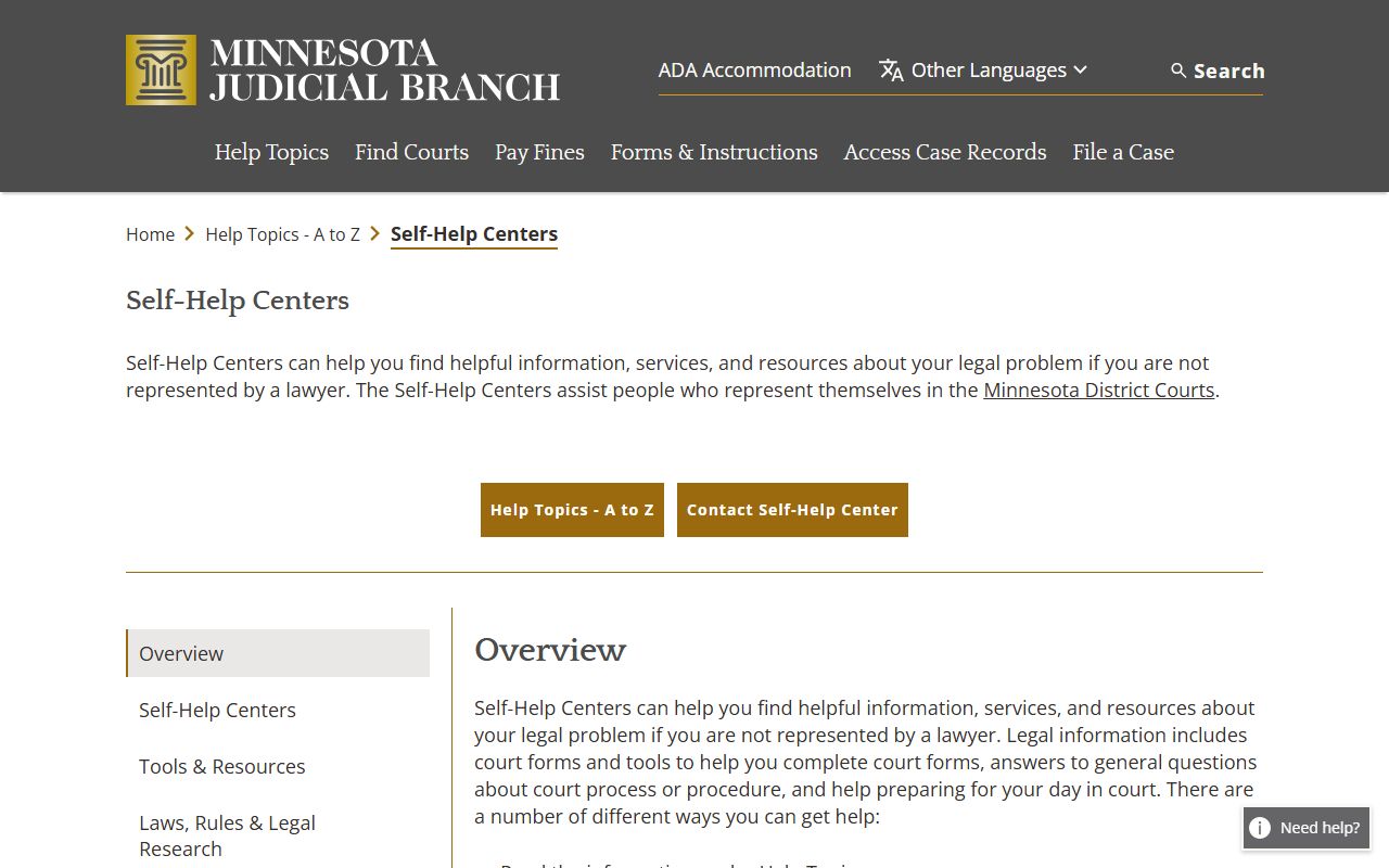 Minnesota Judicial Branch self-help centers for court docket questions